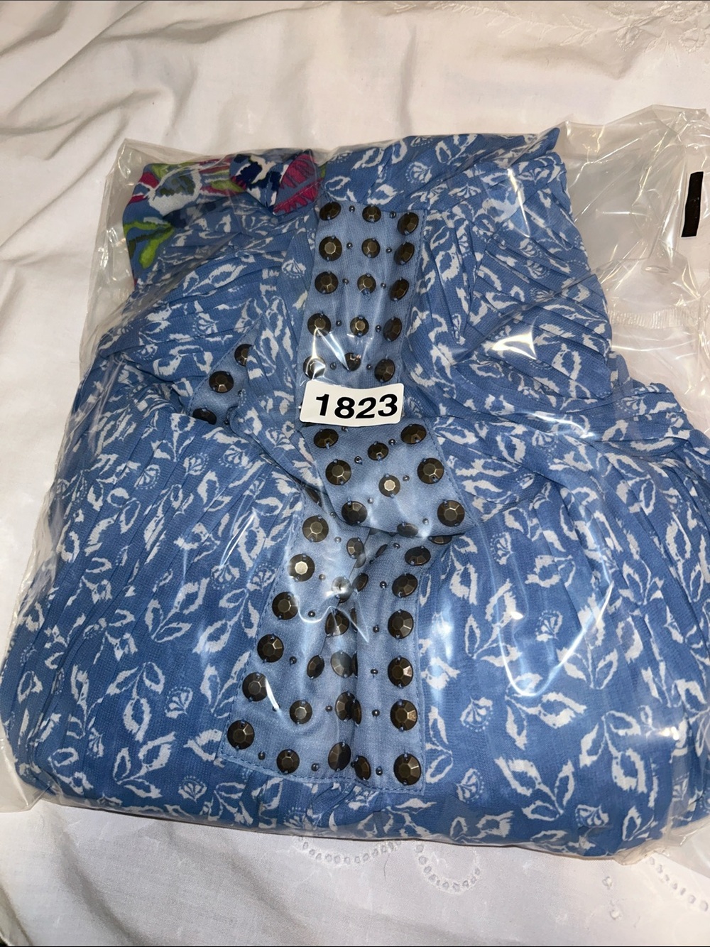 Woman Within 1X 22/24 Accordion Pressed Metal Embellished Flowy Blue Floral Top - Picture 13 of 13